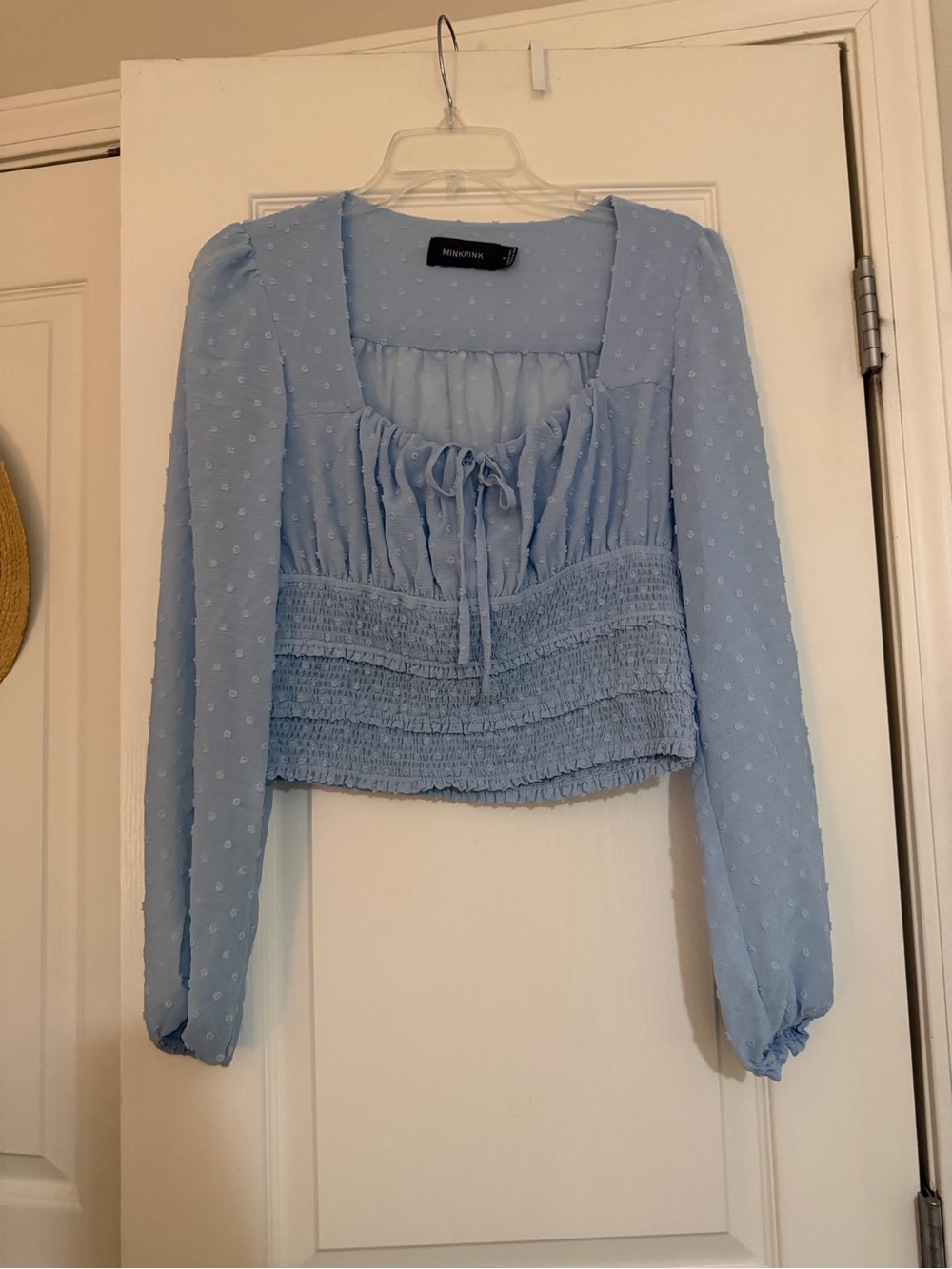 Minkpink blue polka dot blouse with ruffles and tie detail, size S